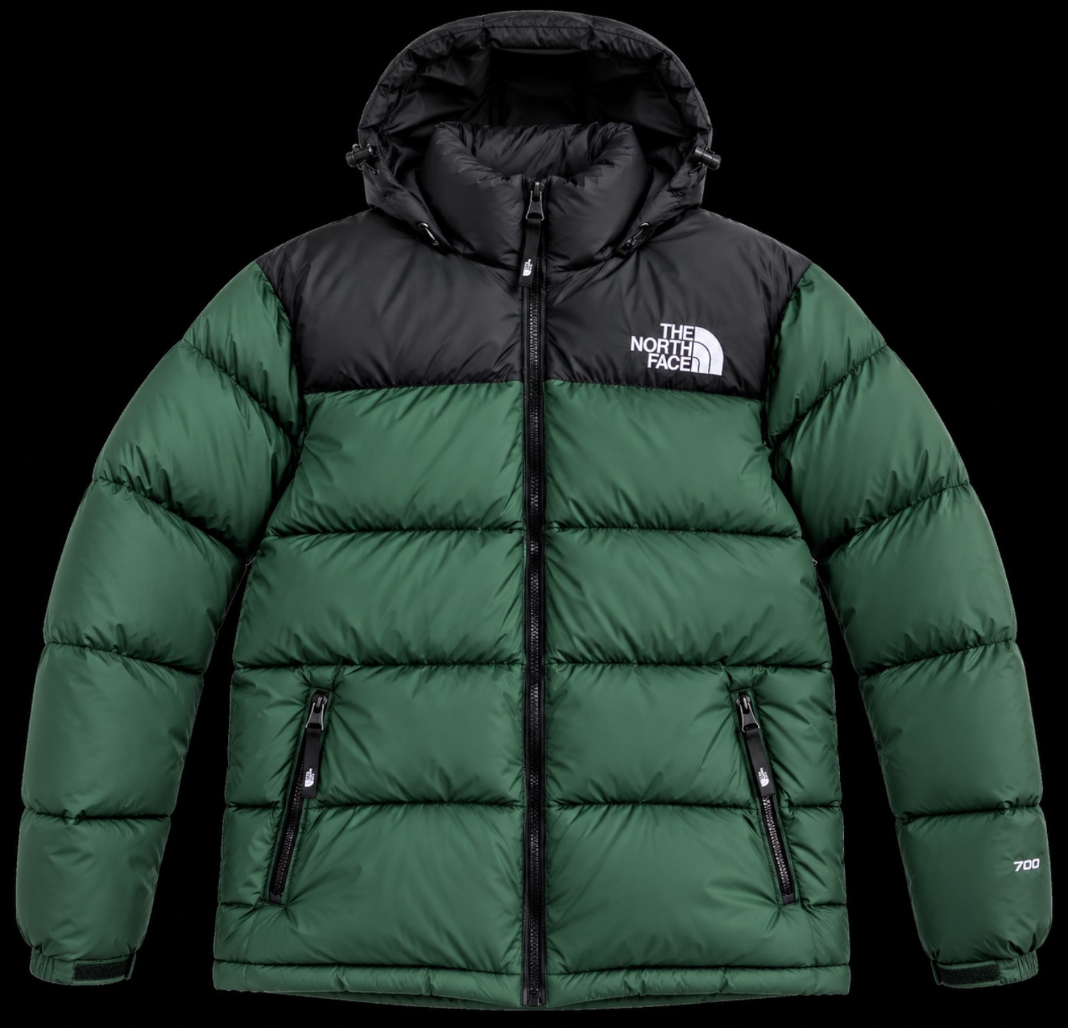 THE NORTH FACE Piumino 700 verde e nero con cappuccio, foto frontale