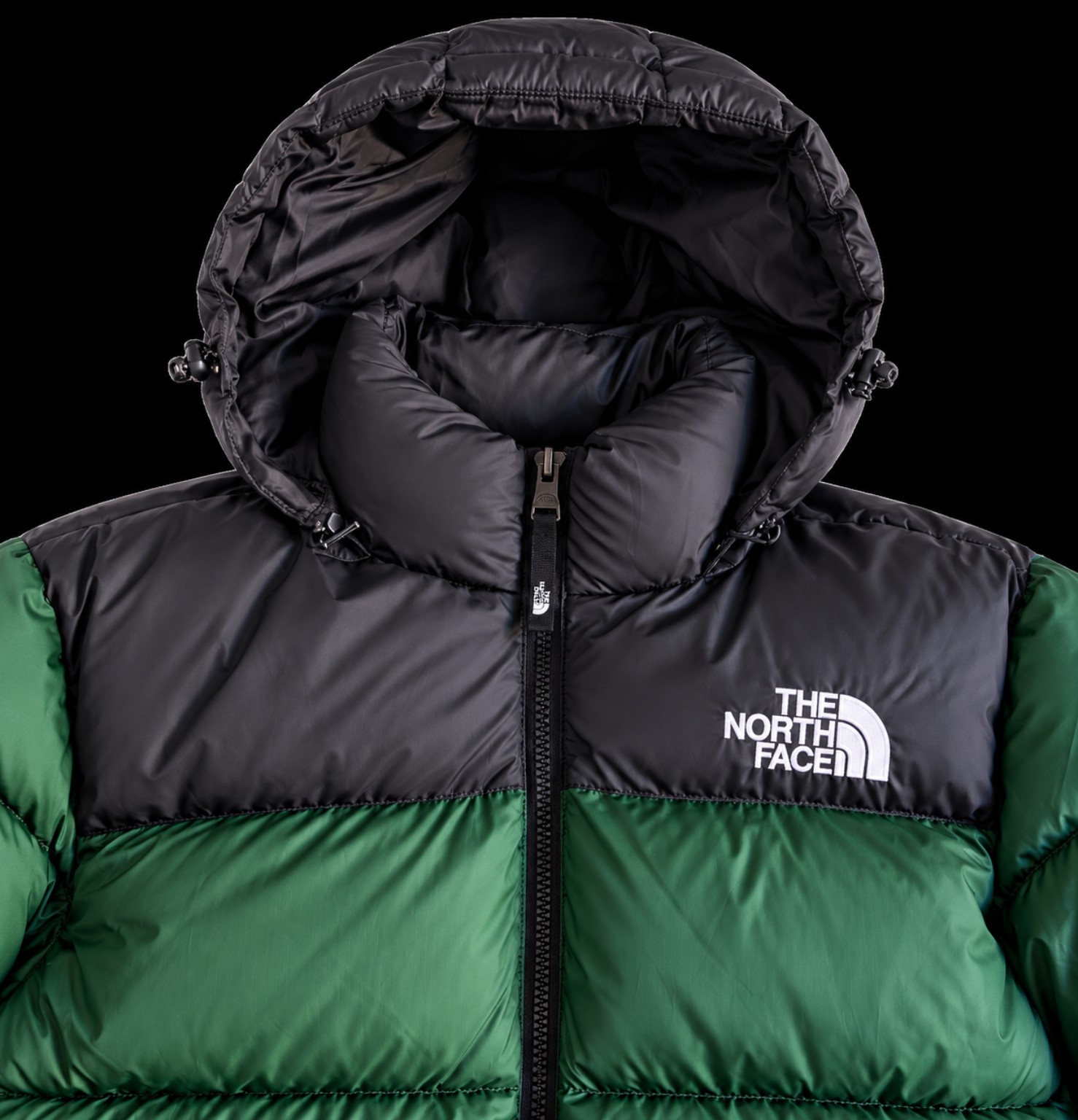 THE NORTH FACE Piumino 700 verde e nero con cappuccio, dettaglio cappuccio e logo