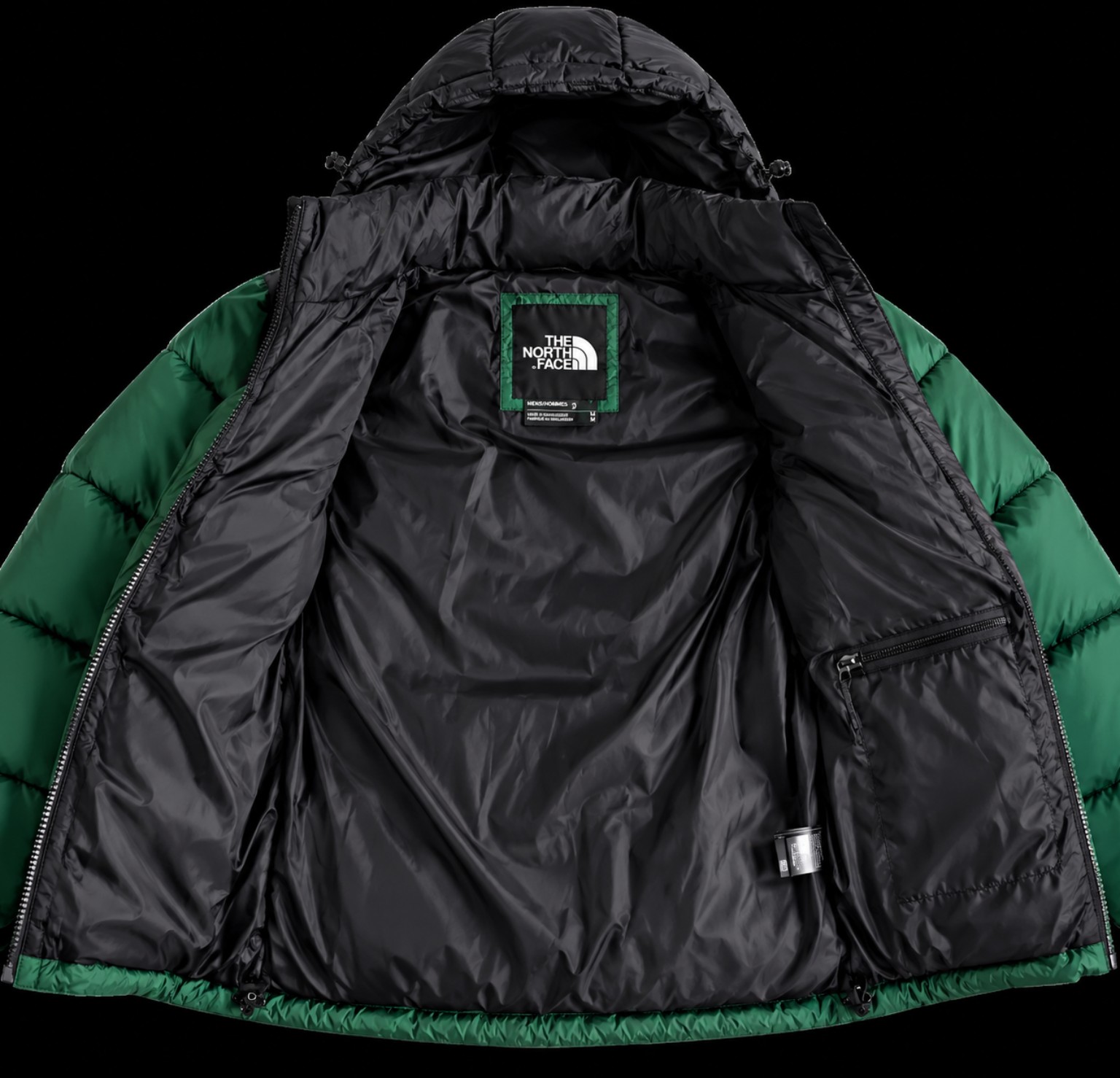 THE NORTH FACE Piumino 700 verde e nero con cappuccio, dettaglio interno