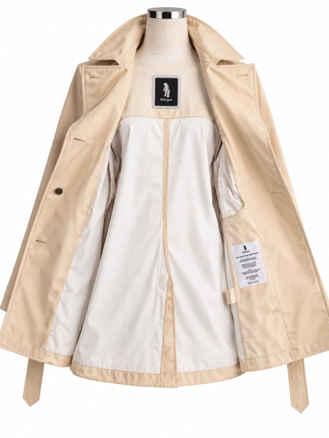 REFRIGUE HILDA trench BUTTER, interno con fodera su manichino