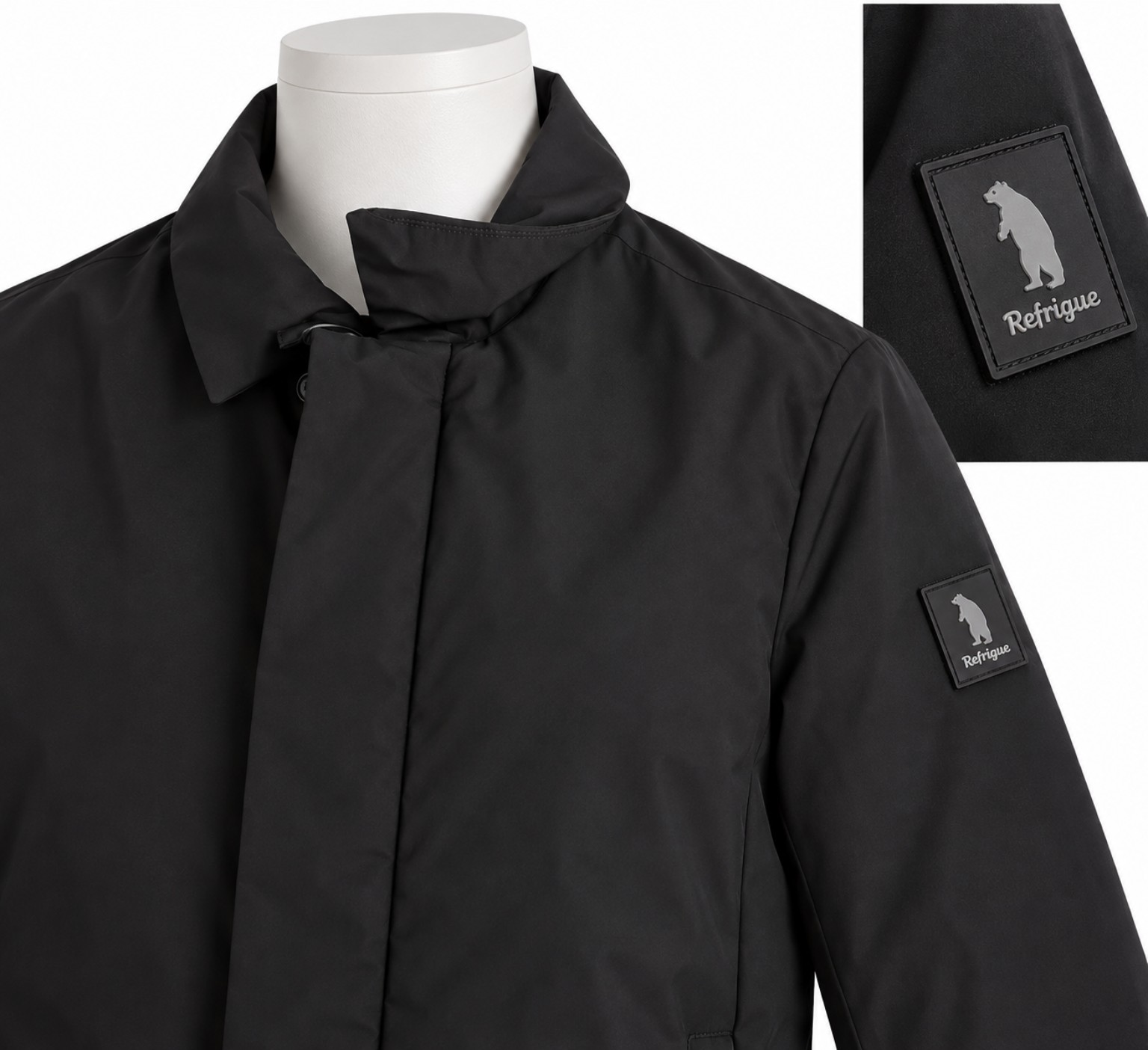 REFRIGUE HULLE BLACK, dettaglio collo e logo sulla manica